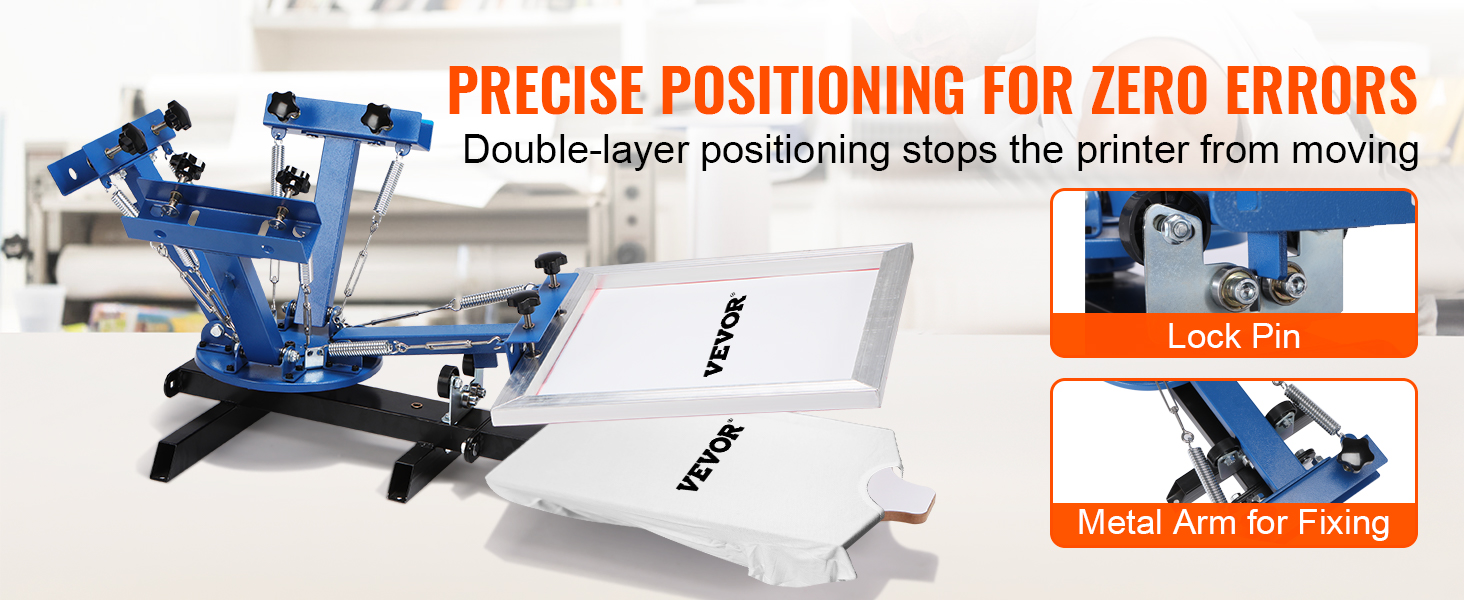 Трафаретная печатная машина VEVOR с точным позиционированием, стопорным штифтом и металлическим рычагом для фиксации.