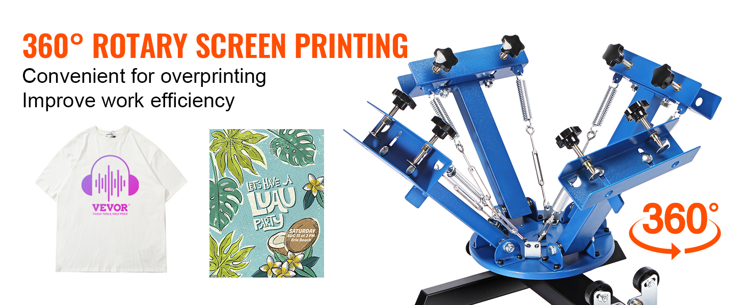 Вращающаяся на 360 ° машина для трафаретной печати VEVOR, футболка с логотипом VEVOR и принтом "let's have a luau".