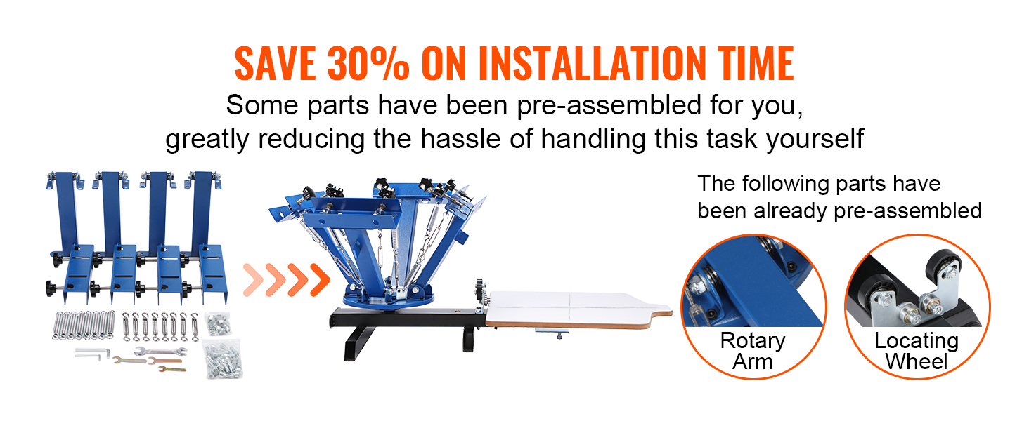 благодаря машине для трафаретной печати VEVOR время монтажа сокращается на 30%. в комплект входят предварительно собранные детали, такие как поворотный рычаг и установочное колесо.