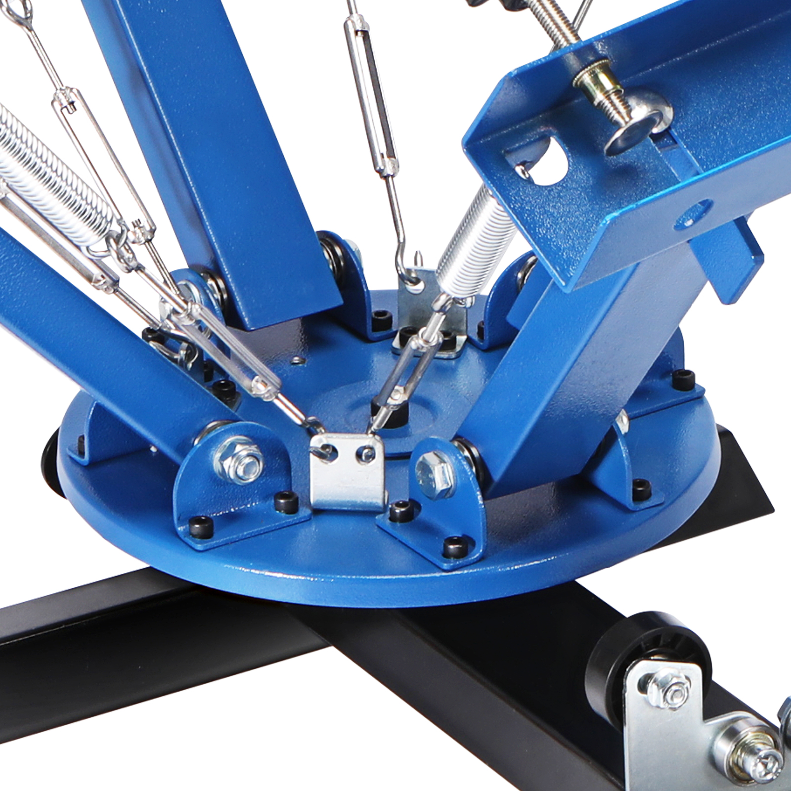 VEVOR screen printing machine with blue metal arms and springs on a sturdy base.