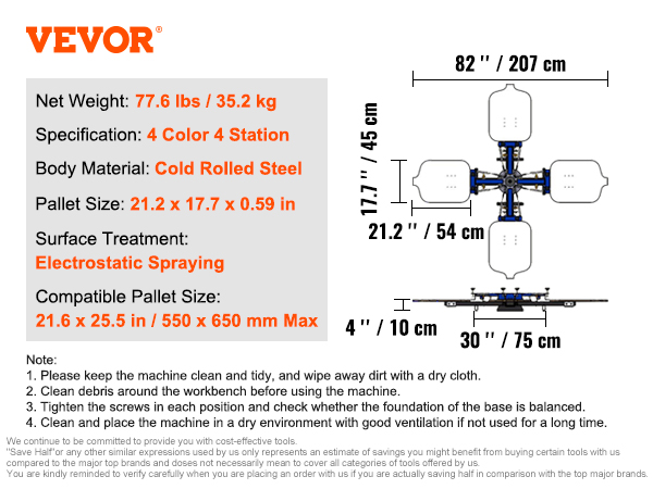 VEVOR screen printing machine specifications; 4 color 4 station, cold rolled steel, 77.6 lbs, 21.2"x17.7" pallets.