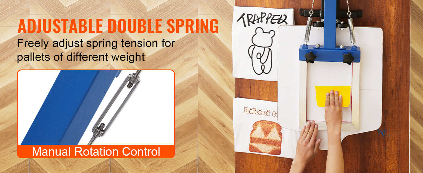 Regulējama dubultatsperu VEVOR sietspiedes iekārta ar manuālu rotācijas kontroli un T-kreklu dizainu.