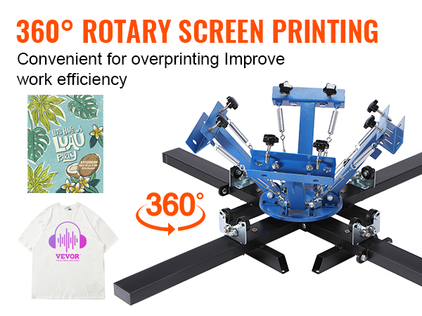 VEVOR sietspiedes iekārta ar 360 grādu rotācijas dizainu, kas demonstrē apdrukātu kreklu un plakātu.