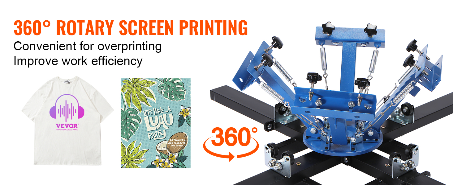 VEVOR sietspiedes iekārta ar 360 grādu rotācijas dizainu, kas demonstrē apdrukātu kreklu un plakātu.