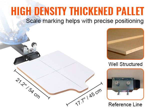 Augsta blīvuma sabiezināta palete VEVOR sietspiedes iekārtai ar mēroga marķējumu precīzai pozicionēšanai.