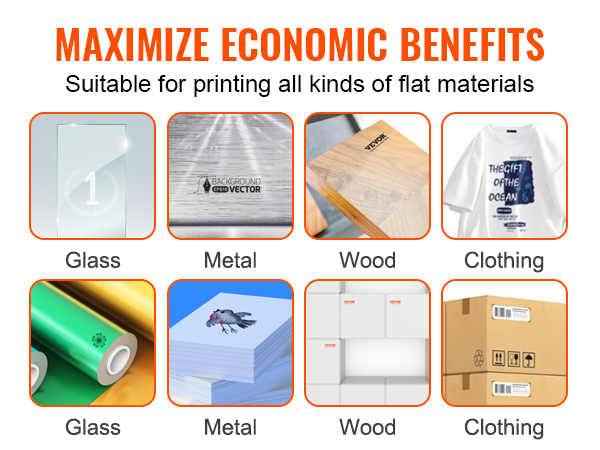 VEVOR sietspiedes iekārta, kas piemērota stiklam, metālam, kokam, apģērbam, plastmasai, papīram, putām, kartonam.