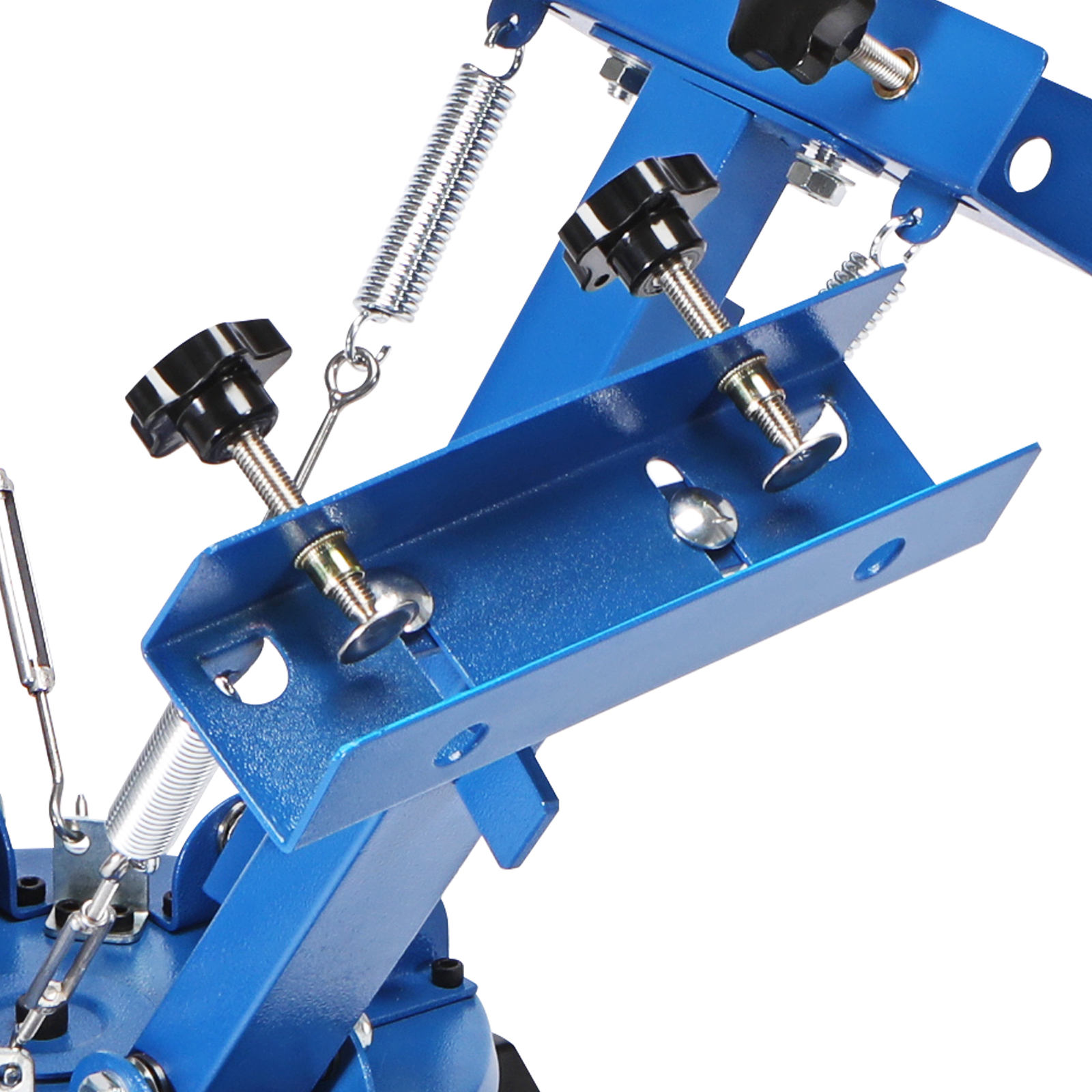 VEVOR screen printing machine close-up, showing blue metal frame, springs, and adjustment knobs.