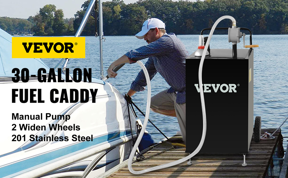 VEVOR fuel caddy with manual pump, 2 widen wheels, and 201 stainless steel dispensing fuel to boat.