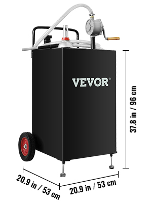 VEVOR fuel caddy with pump, hose, and red wheels; dimensions 37.8 in/96 cm height, 20.9 in/53 cm width.