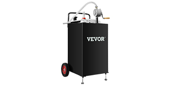 black VEVOR fuel caddy with red wheels, hand pump, hose, and sturdy metal handle.