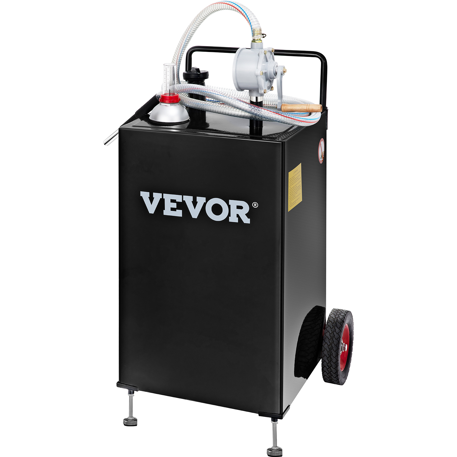 VEVOR fuel caddy with pump, wheels, and hose, designed for easy fuel transport and storage.
