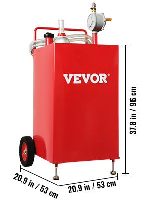 VEVOR fuel caddy in red, 20.9 x 20.9 x 37.8 inches, with wheels and hose, standing upright.