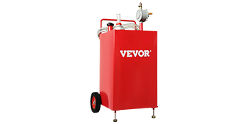 red VEVOR fuel caddy with wheels and attached hose, suitable for fuel transport and storage.