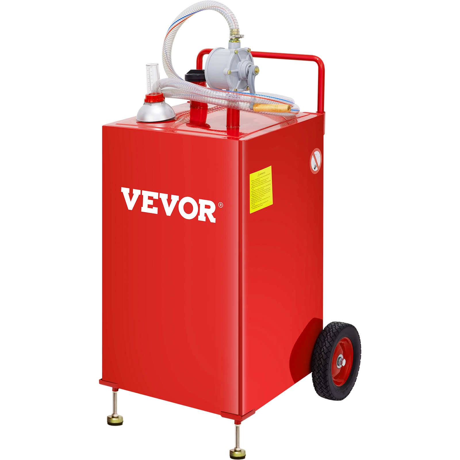 red VEVOR fuel caddy with wheeled base, fuel pump, and tubing on top.