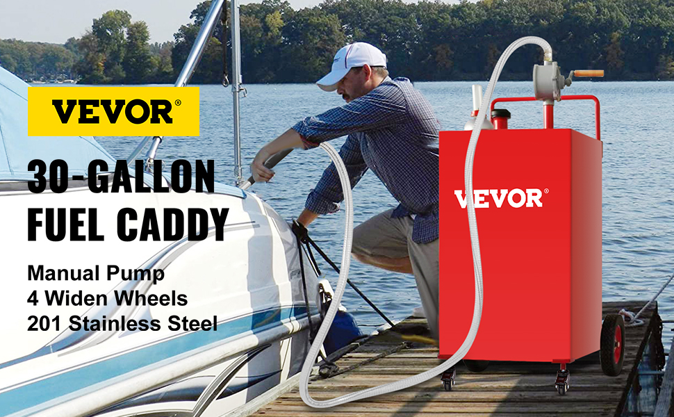 VEVOR fuel caddy in use, 30-gallon tank, manual pump, 4 widen wheels, 201 stainless steel, boat fueling.