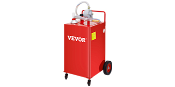 red VEVOR fuel caddy with wheels and hose highlighting portable fuel storage and dispensing.