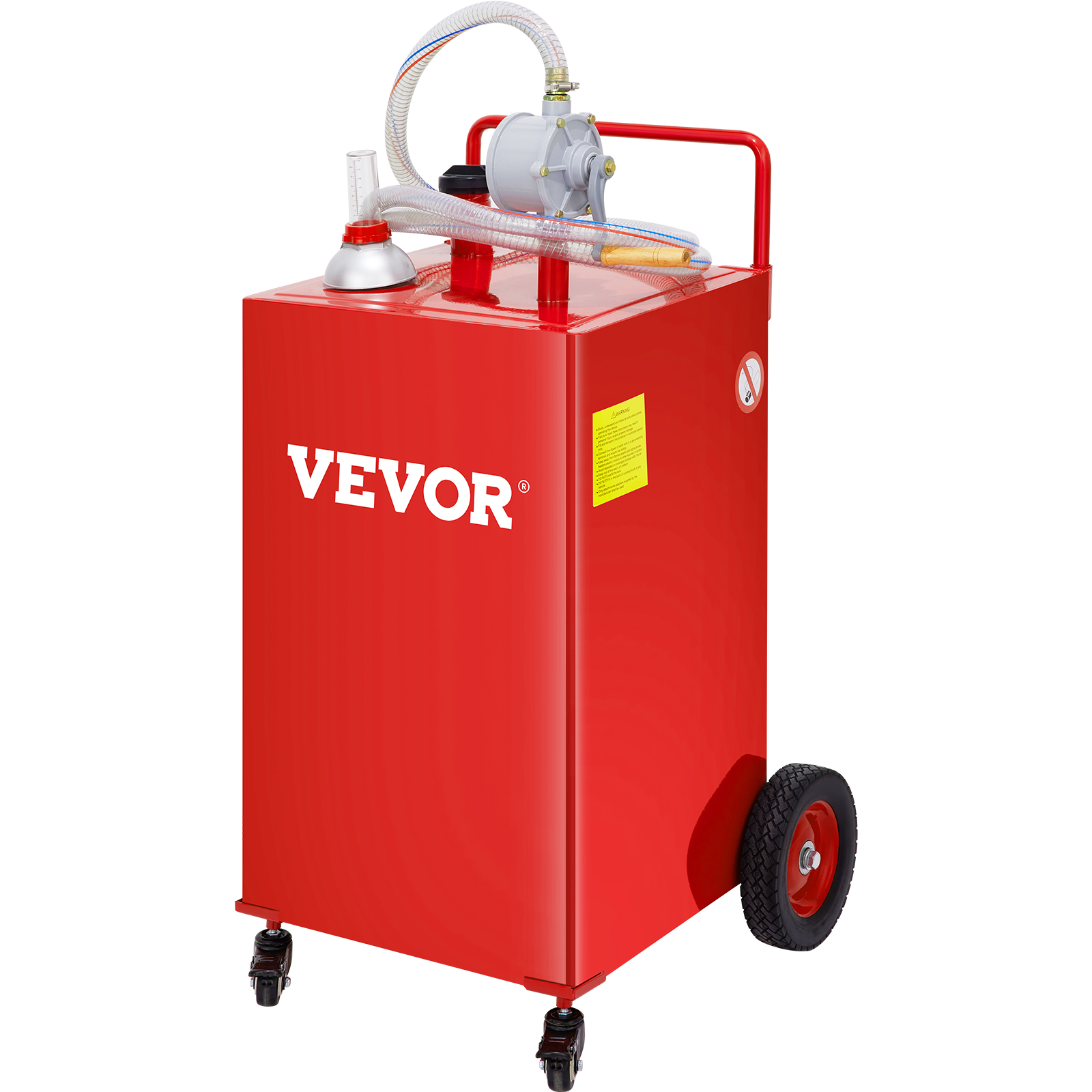red VEVOR fuel caddy with hose, pump and wheels on one side for easy mobility and fuel transfer.