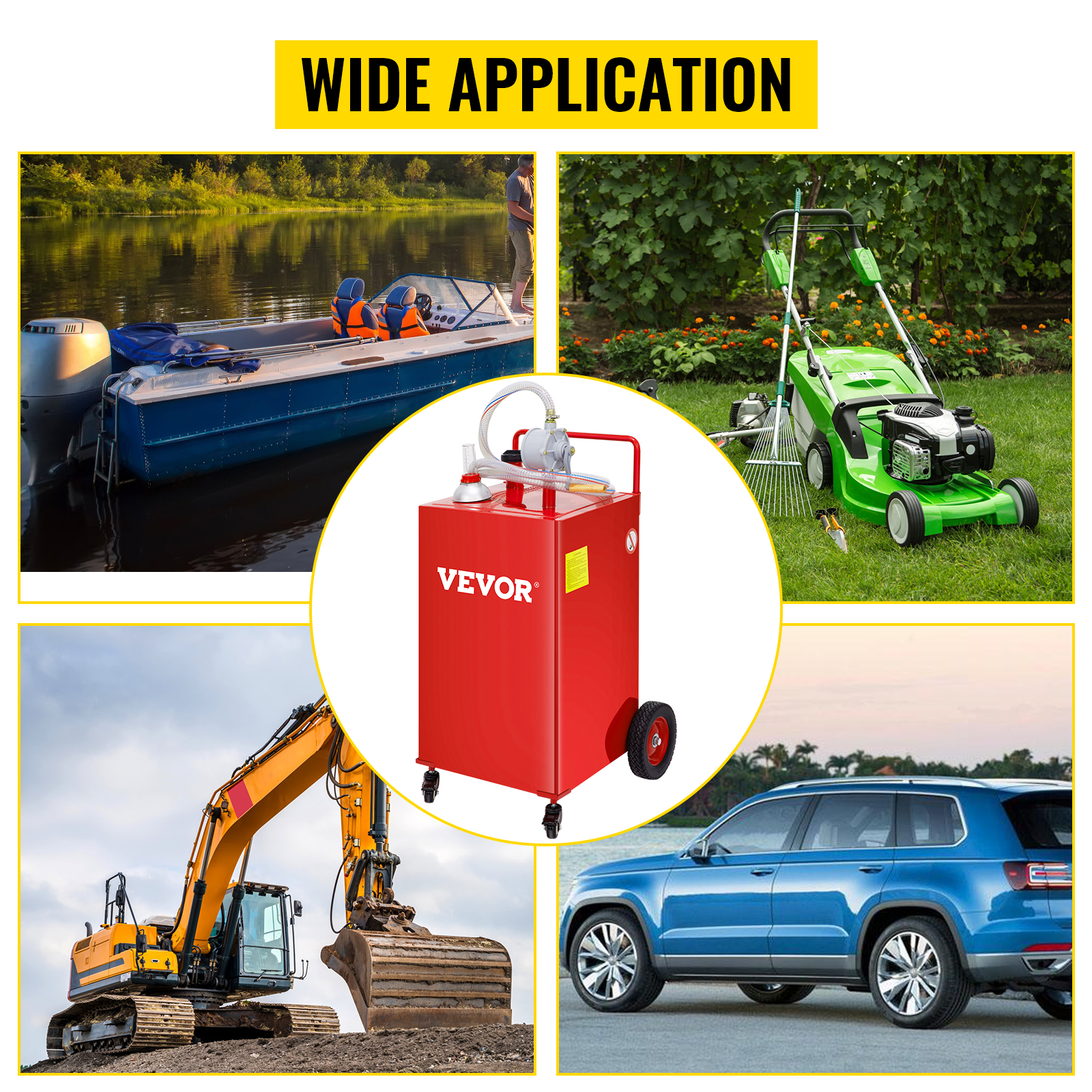 VEVOR fuel caddy for boat refueling, lawnmower maintenance, construction equipment, and cars. wide application.