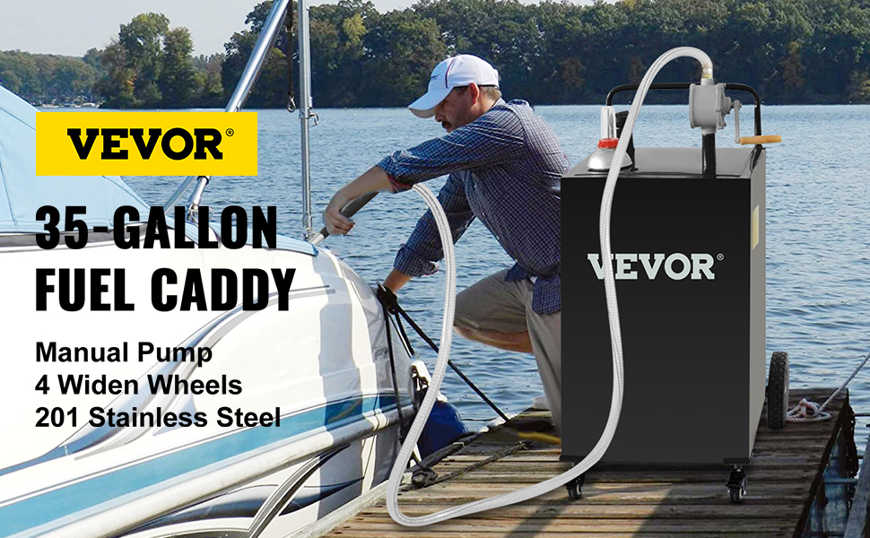VEVOR fuel caddy by dock, 35-gallon, manual pump, 4 widen wheels, 201 stainless steel.