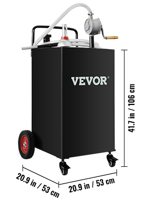 VEVOR fuel caddy with pump, hose, red wheels, and dimensions of 41.7 in / 106 cm height and 20.9 in / 53 cm width.