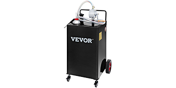 black VEVOR fuel caddy with pump, hose, and wheels for easy transport and refueling.