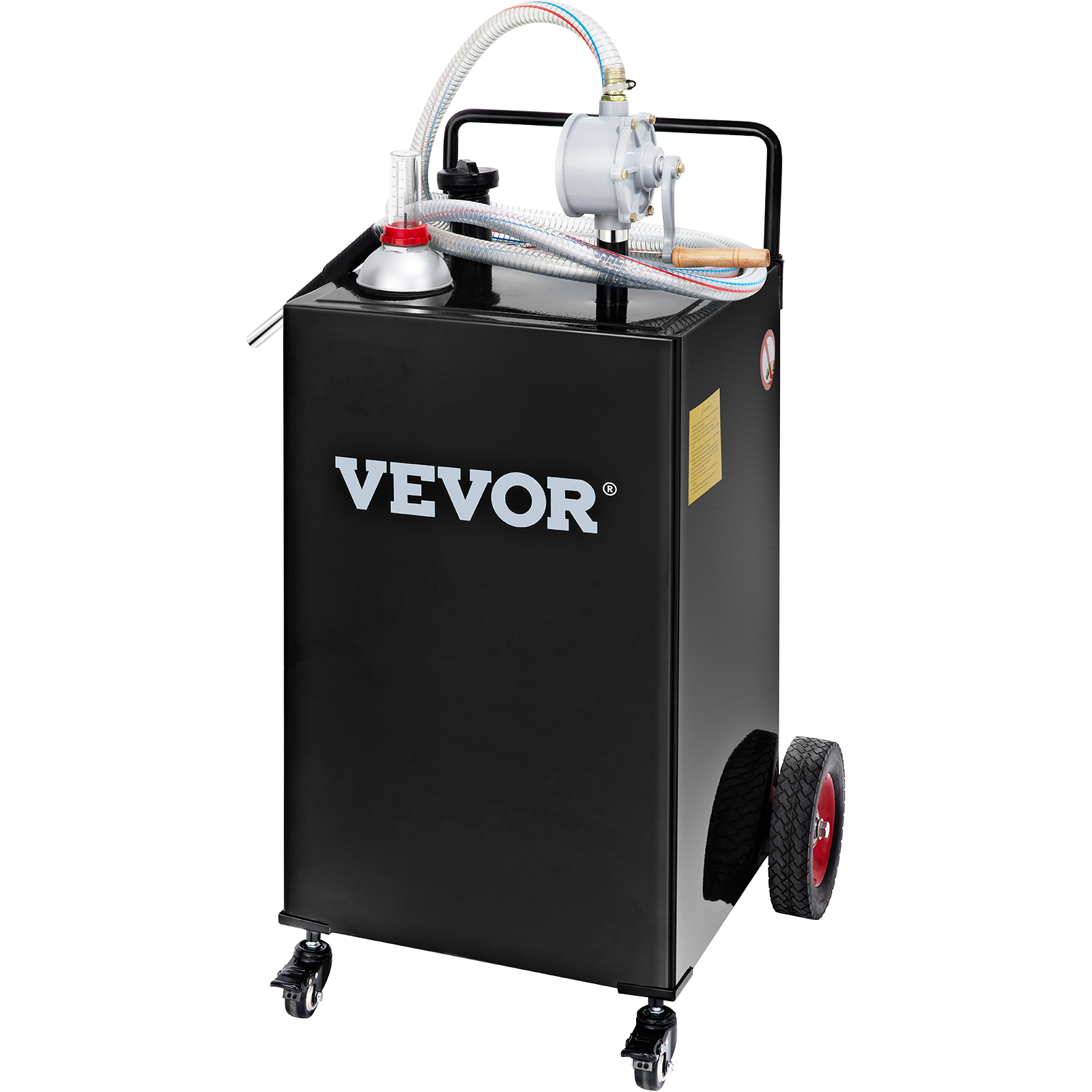 black VEVOR fuel caddy with red wheels and attached hose pump on top.