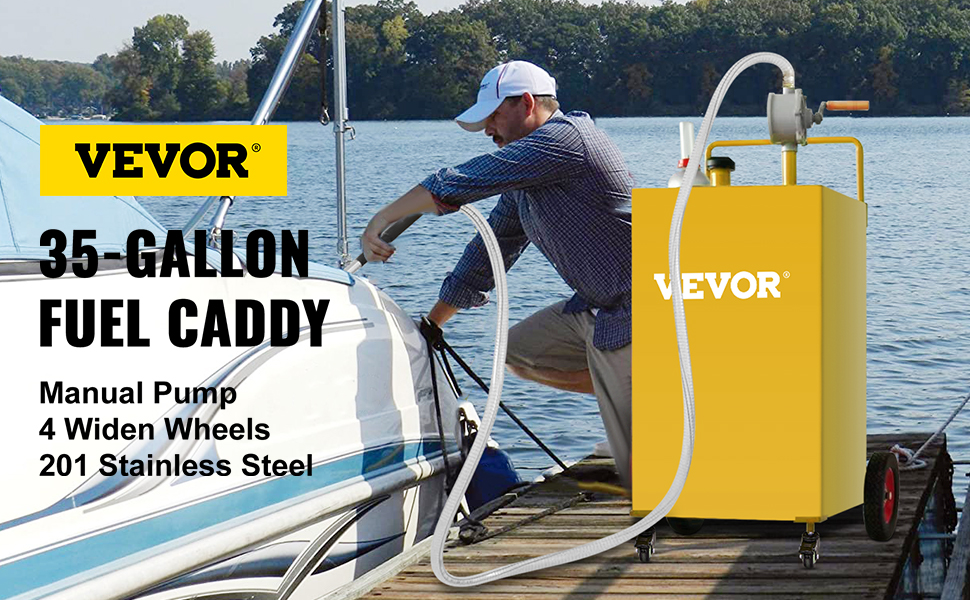VEVOR fuel caddy 35-gallon manual pump in use by a lake with boat in the background.