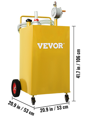 yellow VEVOR fuel caddy with wheels, pump, and hose, measuring 41.7 x 20.9 inches.