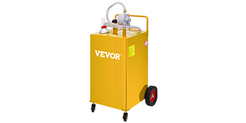 yellow VEVOR fuel caddy with pump, hose, and wheels for easy transportation.