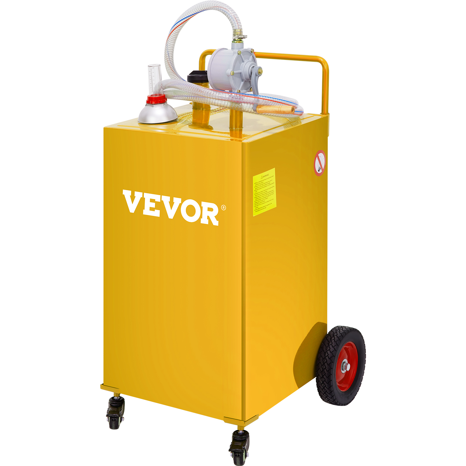 bright yellow VEVOR fuel caddy with pump and wheels for portable fuel storage solution.