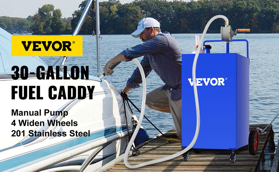 VEVOR fuel caddy with manual pump and 4 widen wheels being used to refuel a boat near a lake.