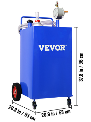 blue VEVOR fuel caddy with pump, hose, handle, and wheels, dimensions: 20.9in/53cm by 37.8in/96cm.