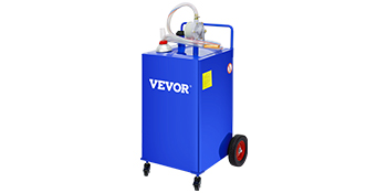 VEVOR fuel caddy – blue mobile fuel container with wheels and attached pump.