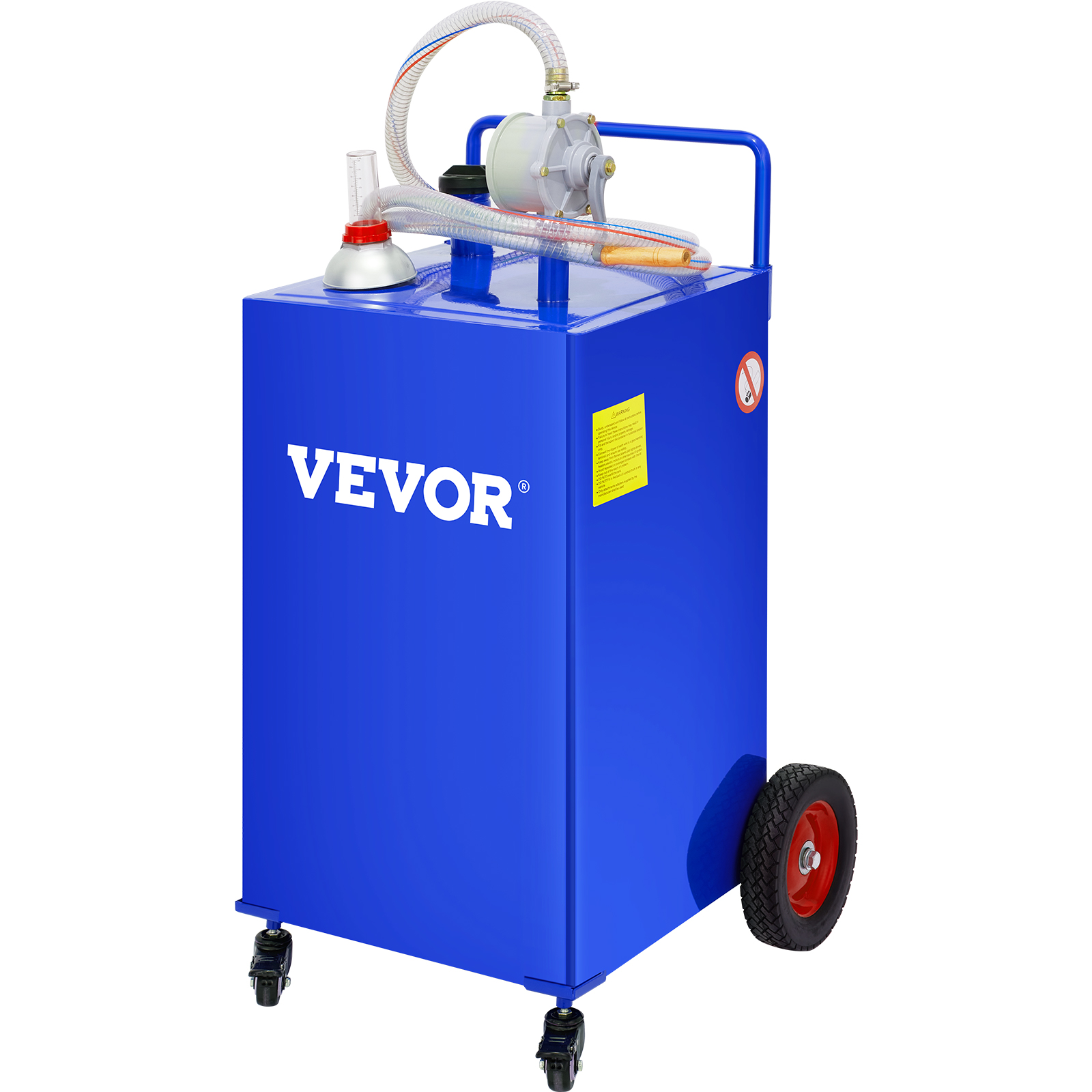 blue VEVOR fuel caddy with hose and pump, featuring wheels and handle for easy mobility.