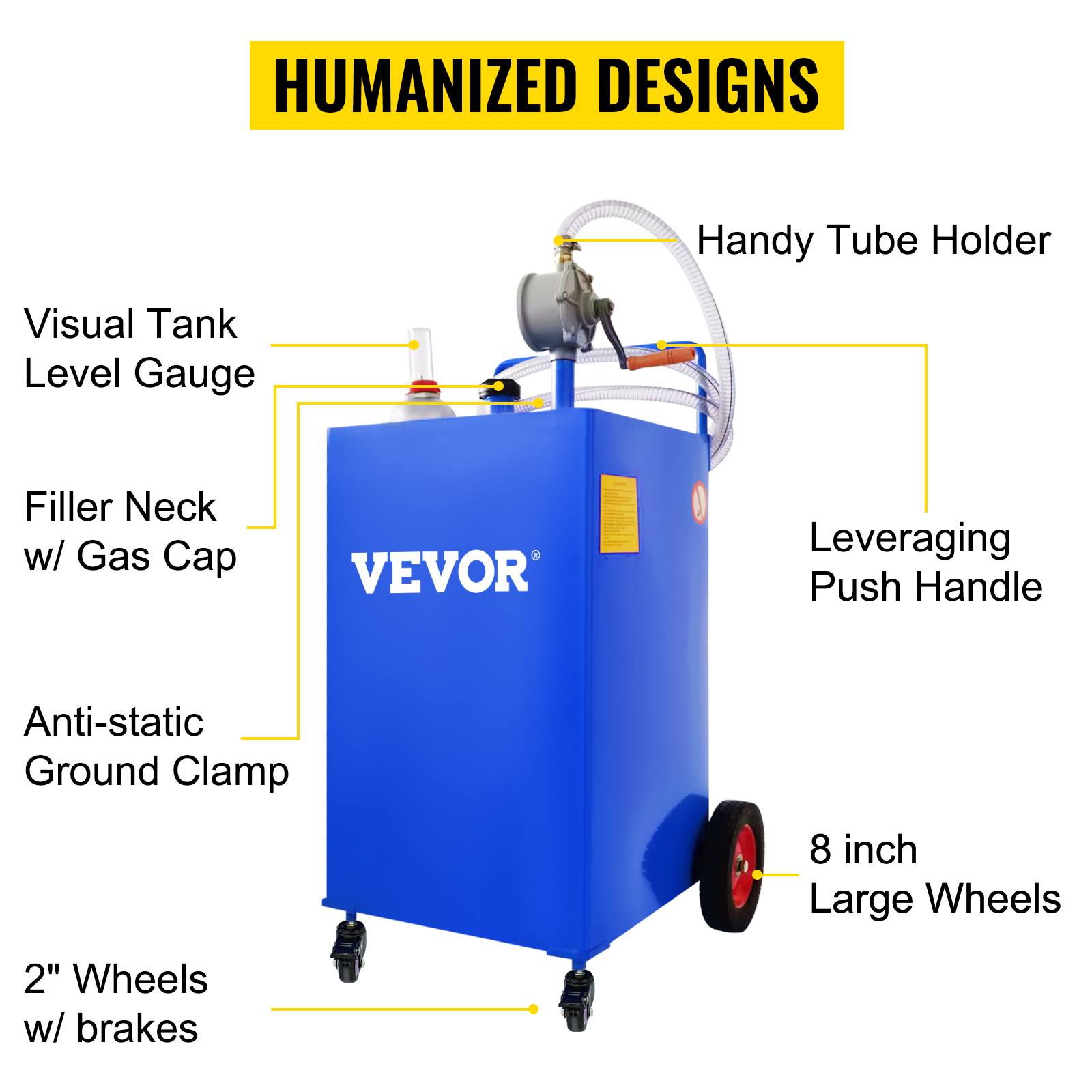 VEVOR fuel caddy with handy tube holder, visual tank level gauge, large wheels, and anti-static clamp.