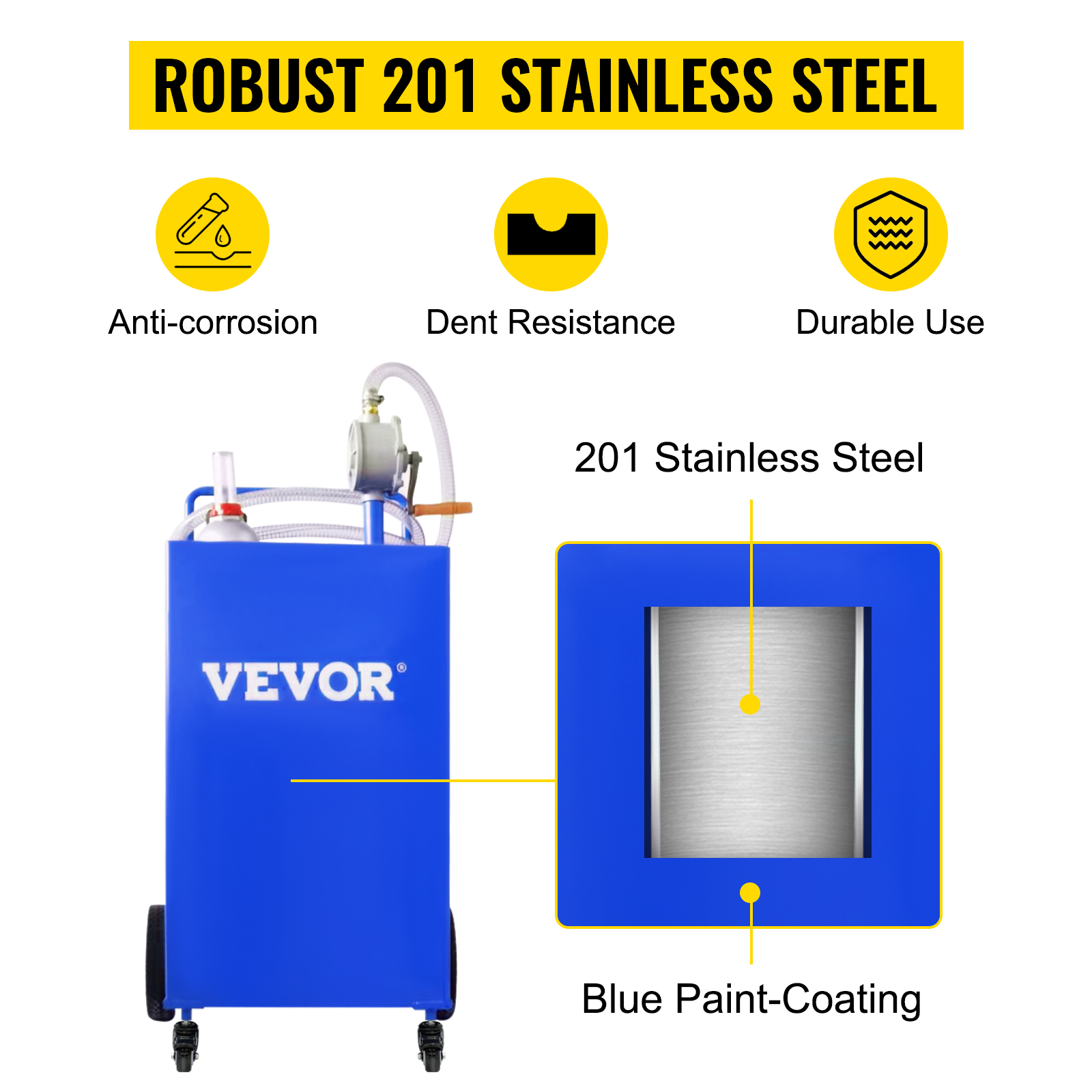 VEVOR fuel caddy in blue with 201 stainless steel for anti-corrosion, dent resistance, and durability.