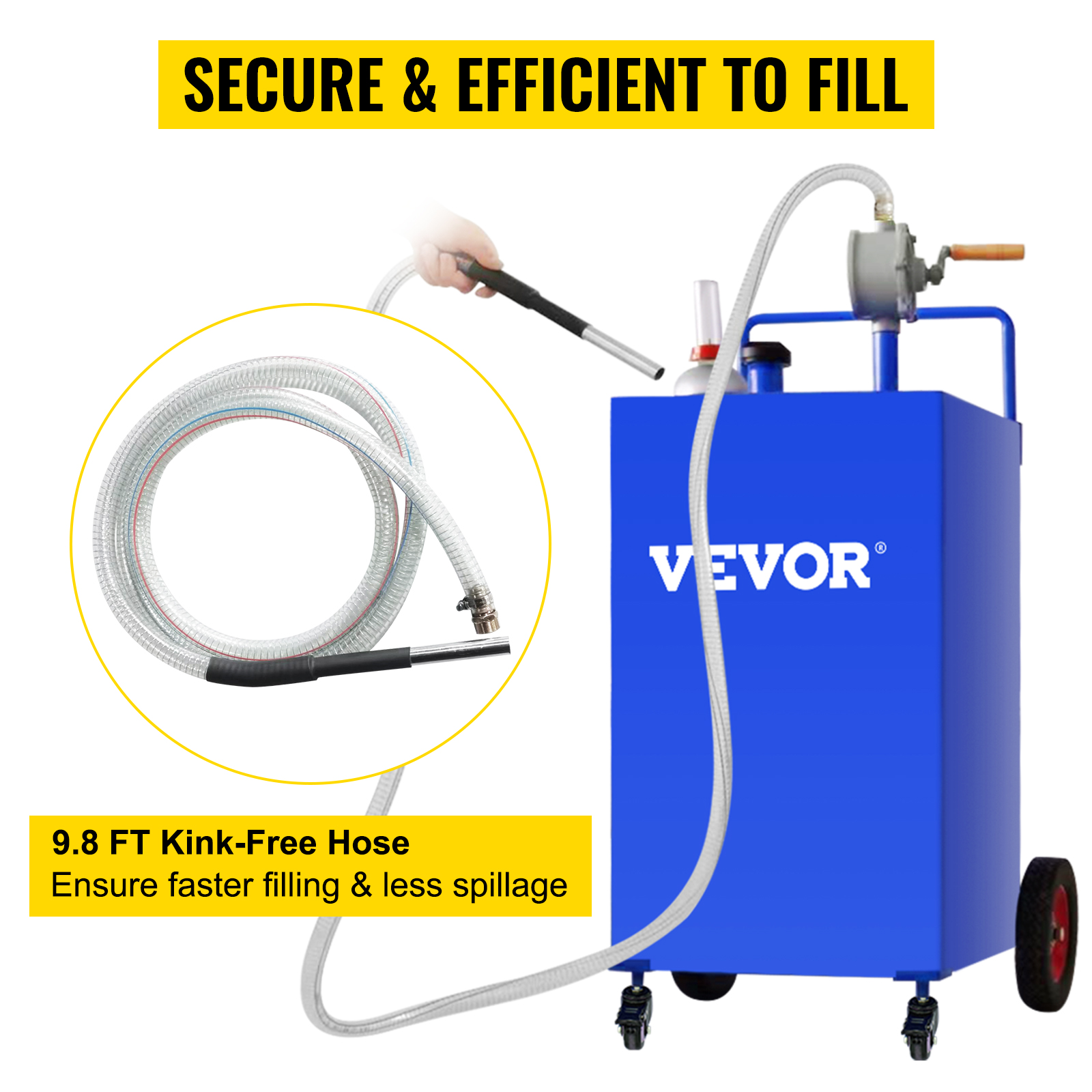 VEVOR fuel caddy with 9.8ft kink-free hose, secure and efficient refill, blue container and red wheels.