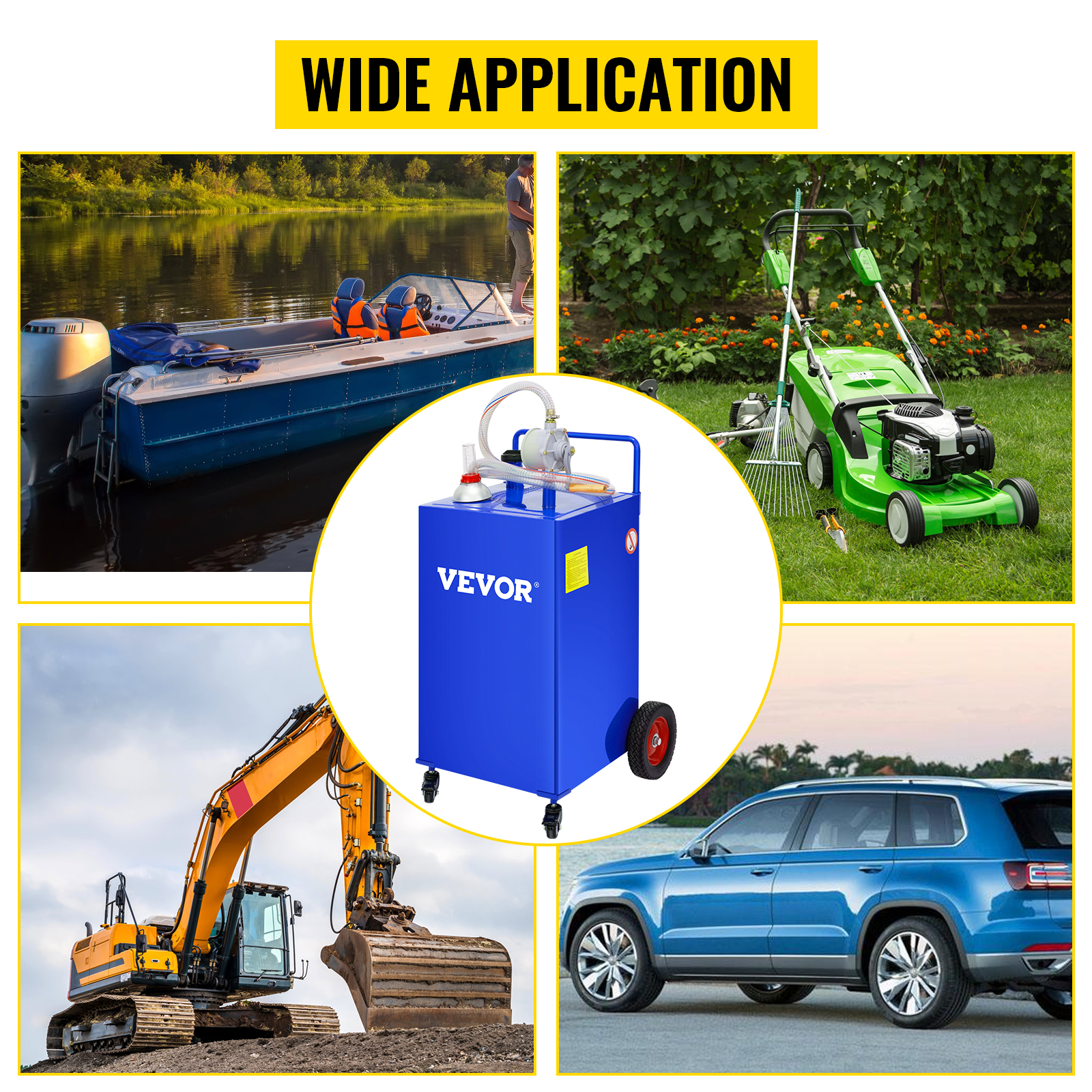 VEVOR fuel caddy showcasing applications: boat, lawnmower, excavator, car. wide application display.