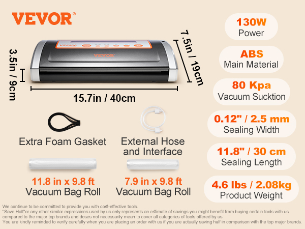 VEVOR vacuum sealer, 130w power, abs, 4.6 lbs, 80 kpa, 11.8" sealing length, extra foam gasket, hose.
