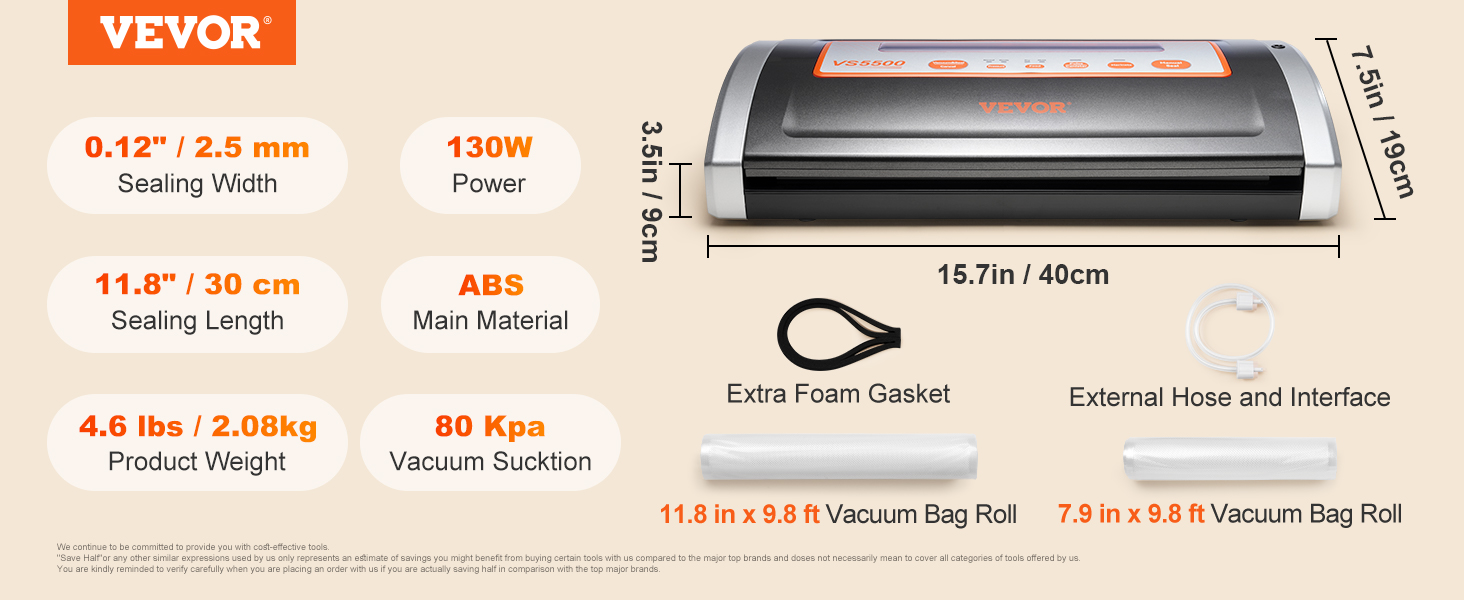 VEVOR vacuum sealer, 130w power, abs, 4.6 lbs, 80 kpa, 11.8" sealing length, extra foam gasket, hose.