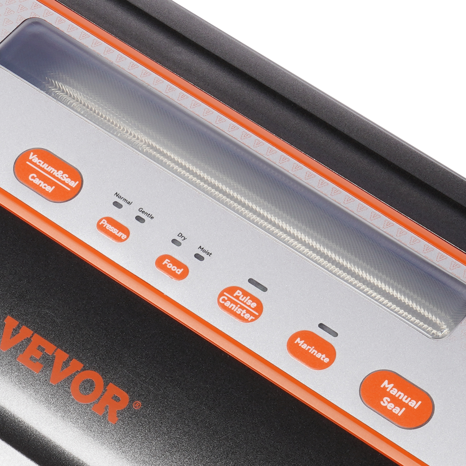 close-up of a VEVOR vacuum sealer control panel showing buttons for various sealing functions.