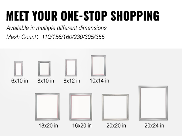 VEVOR sietspiedes komplekta rāmji dažādos izmēros: no 6x10 collām līdz 20x24 collām, acu skaits no 110 līdz 355.