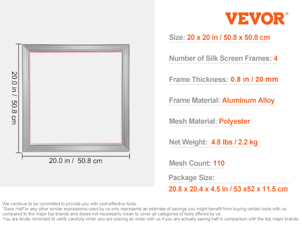 VEVOR screen printing kit with 20x20in aluminum alloy frames, 110 mesh, and sealing tape included.