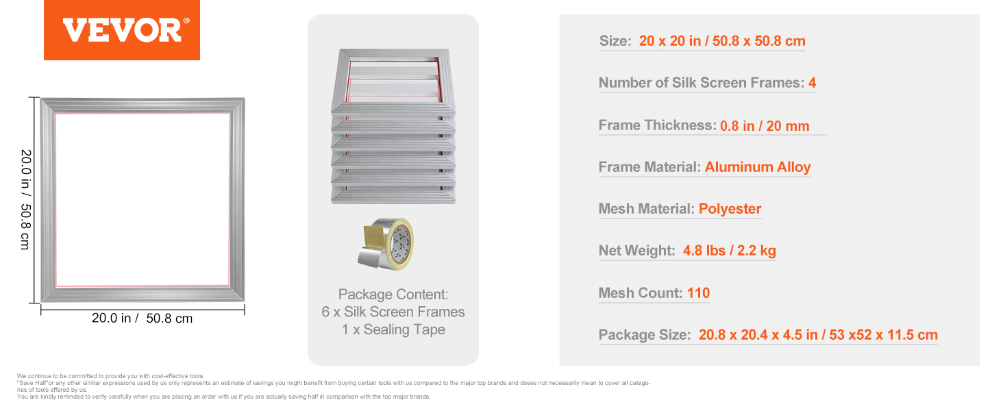 VEVOR screen printing kit with 20x20in aluminum alloy frames, 110 mesh, and sealing tape included.