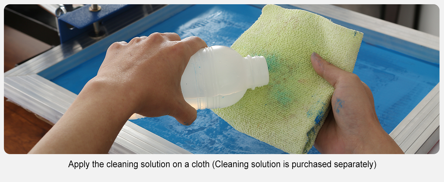 pouring cleaning solution onto cloth for VEVOR screen printing kit cleaning.