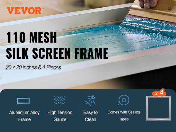 VEVOR screen printing kit features a 110 mesh silk screen frame with aluminum alloy and high tension gauze.