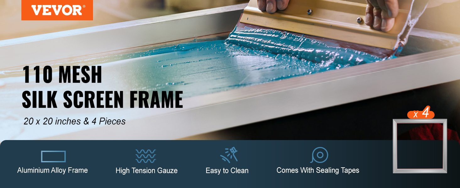 VEVOR screen printing kit features a 110 mesh silk screen frame with aluminum alloy and high tension gauze.