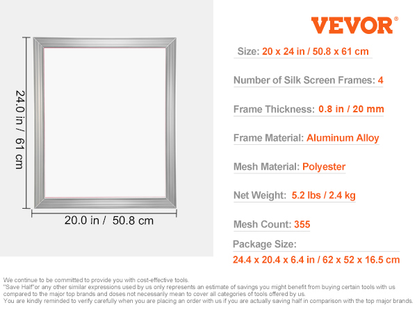 VEVOR screen printing kit includes 4 aluminum frames, sealing tape, and polyester mesh, size 20x24 inches.