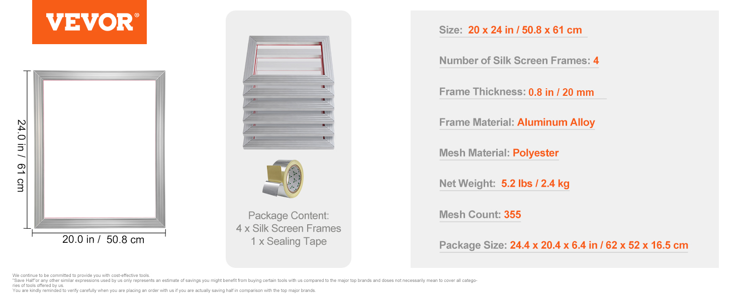 VEVOR screen printing kit includes 4 aluminum frames, sealing tape, and polyester mesh, size 20x24 inches.