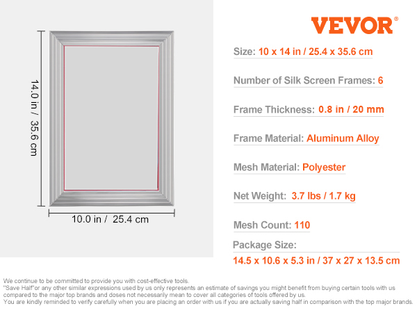 VEVOR screen printing kit. size: 10x14 in, 6 aluminum frames, polyester mesh, 110 mesh count, and sealing tape.